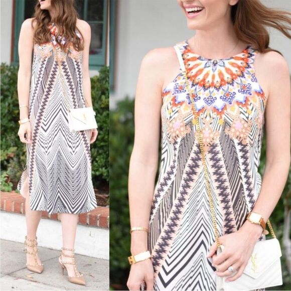 Anthropologie HD in Paris Solstice Printed 100% Silk Sleeveless Midi Shift Dress - Picture 1 of 14